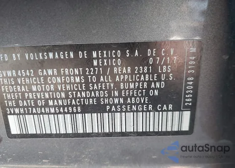 2017 Volkswagen Golf Alltrack Tsi S/Tsi Se/Tsi Sel из США, поврежденный, VIN 3VWH17AU4HM544968